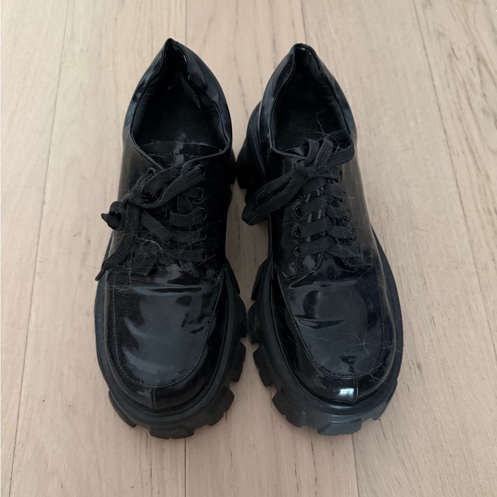 Princess Polly Black Patent Platform Lace-Up Shoes